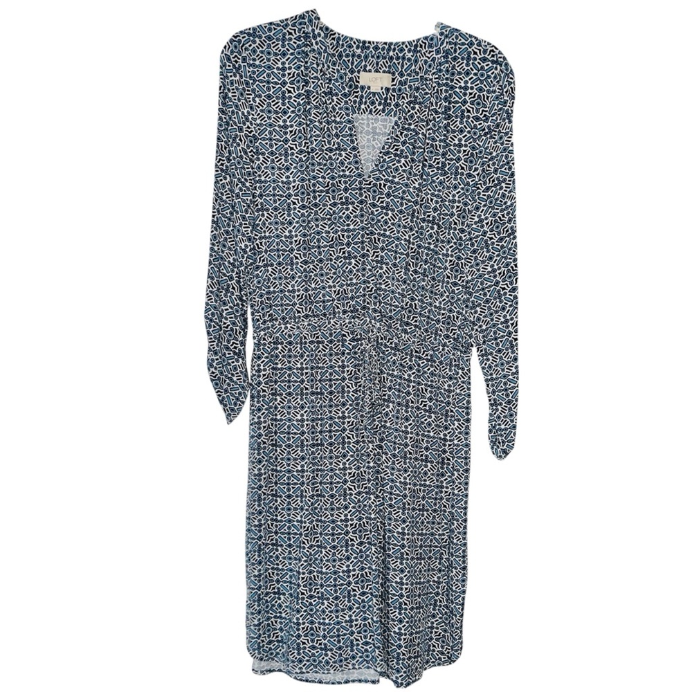 LOFT Navy and White Geometric 3/4 Sleeve Dress Sz M